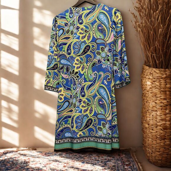 Laundry by Shelli Segal Dress Small Blue Green Paisley Tunic V-Neck Boho - Picture 3 of 6